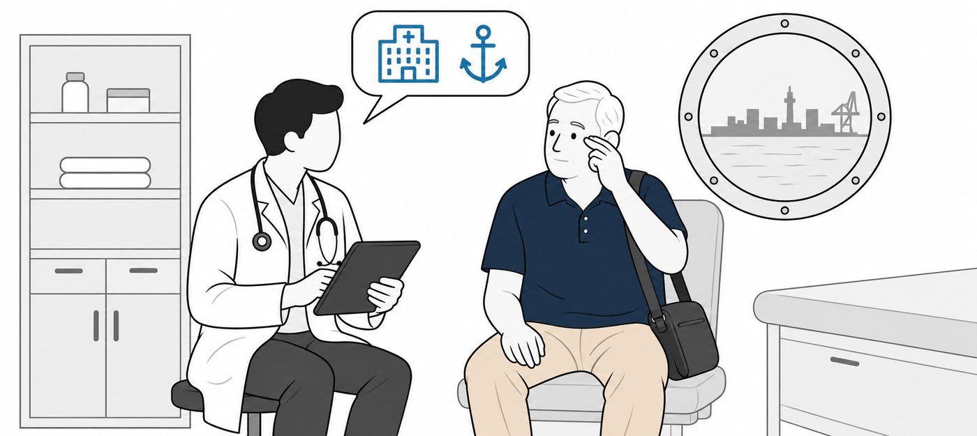 船内の医務室で、船医が体調不良の乗客様を診ているイラスト